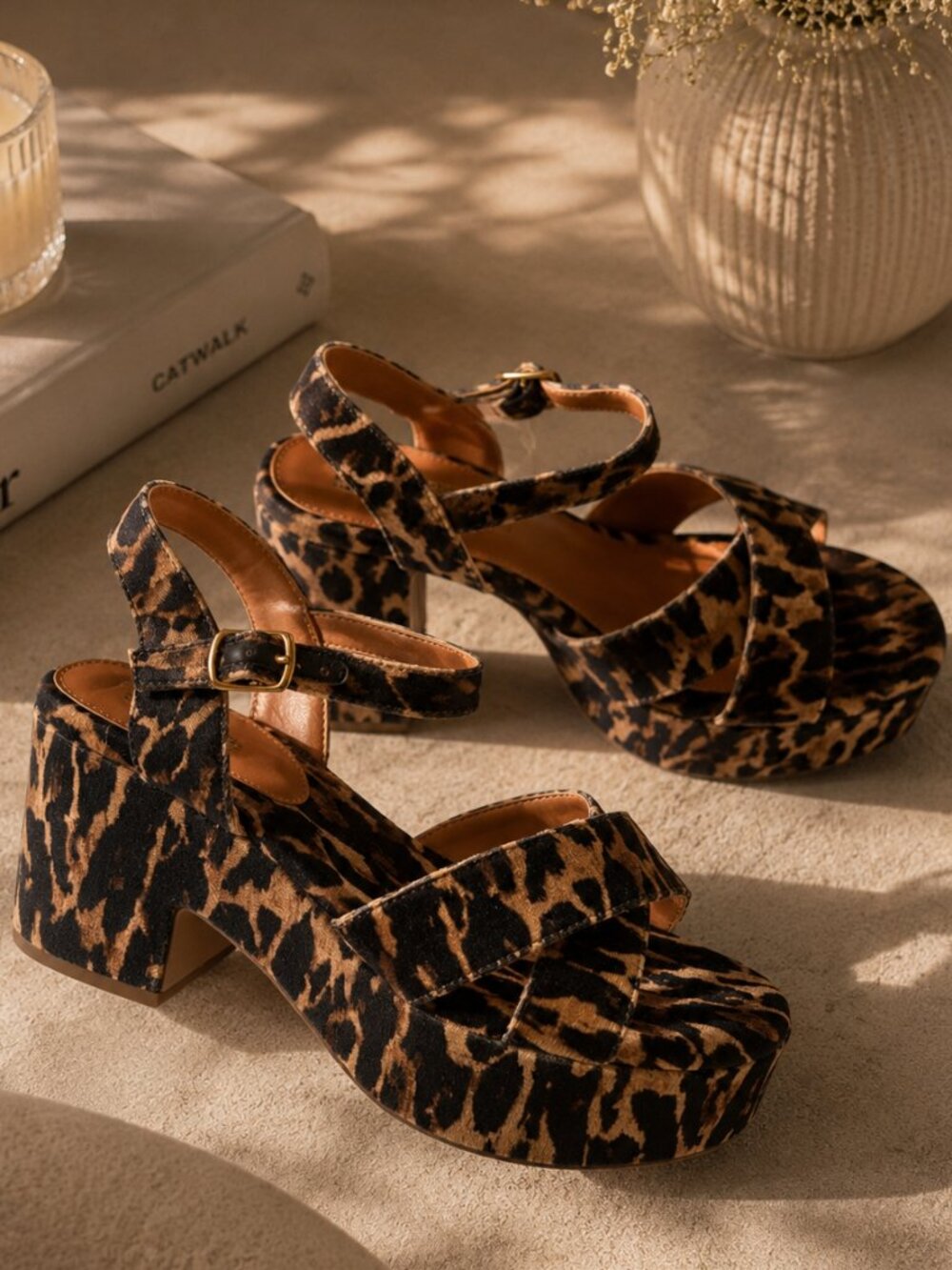 Gianni Bini Joize Velvet Leopard Cross Band Platform Sandals NWOB
